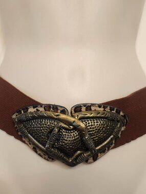 Vintage Elastic Waist Belt M/L BrownLeopard Trim Brass Clasp Boho Western 28-32